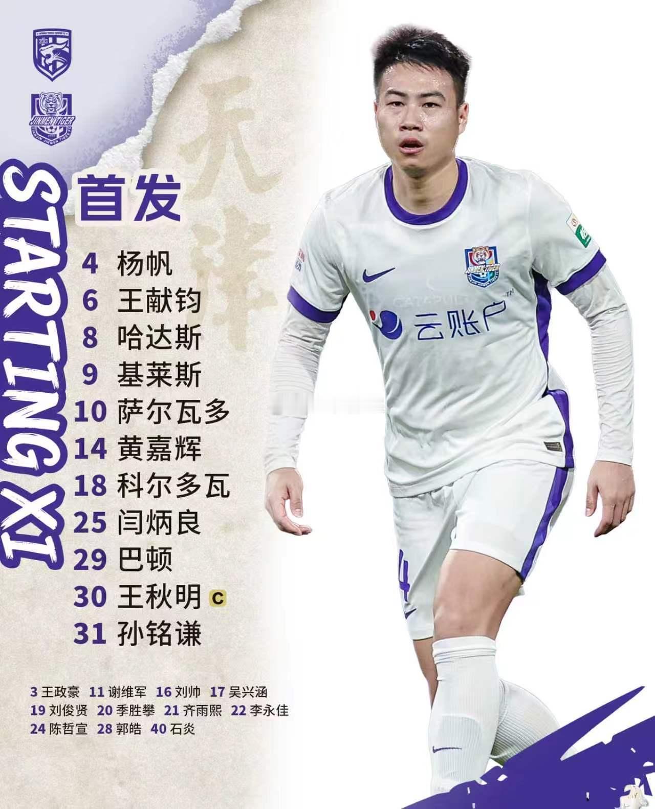 2026年中超第24轮天津津门虎队出场数据【已确认】1.闫炳良代表球队，