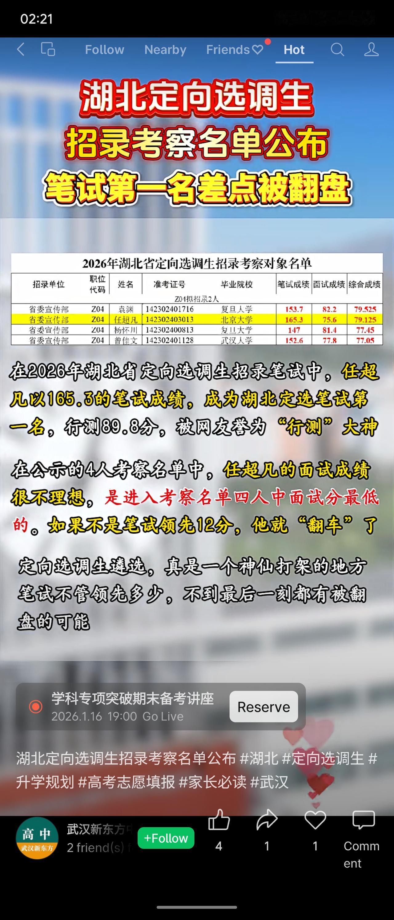 2026年湖北定向选调生考察名单公布，笔试第一名（165.3分）面试成绩（75.