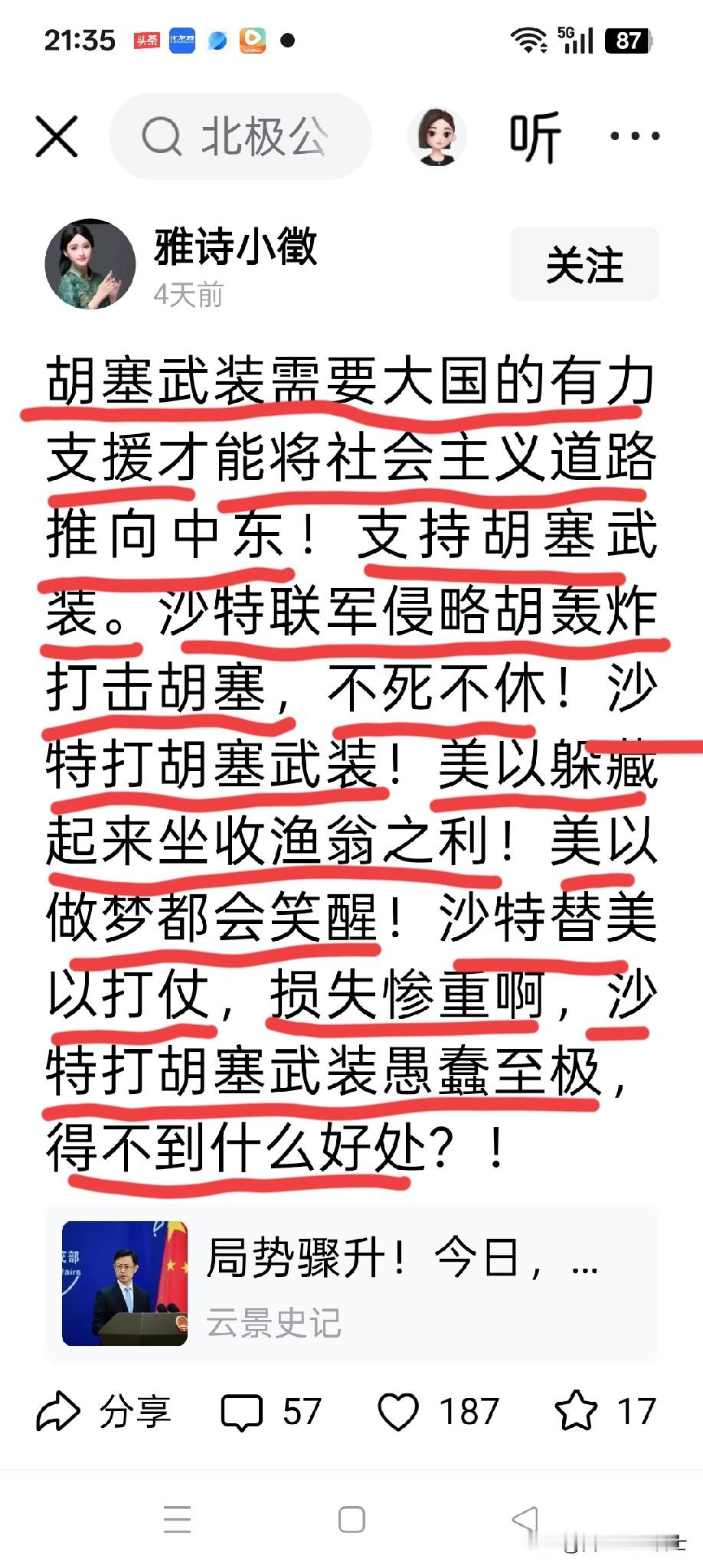 有人在网上发帖称：“胡塞武装需要大国的有力支援才能将社会主义道路推向中东……沙特联军打击胡塞武装！美