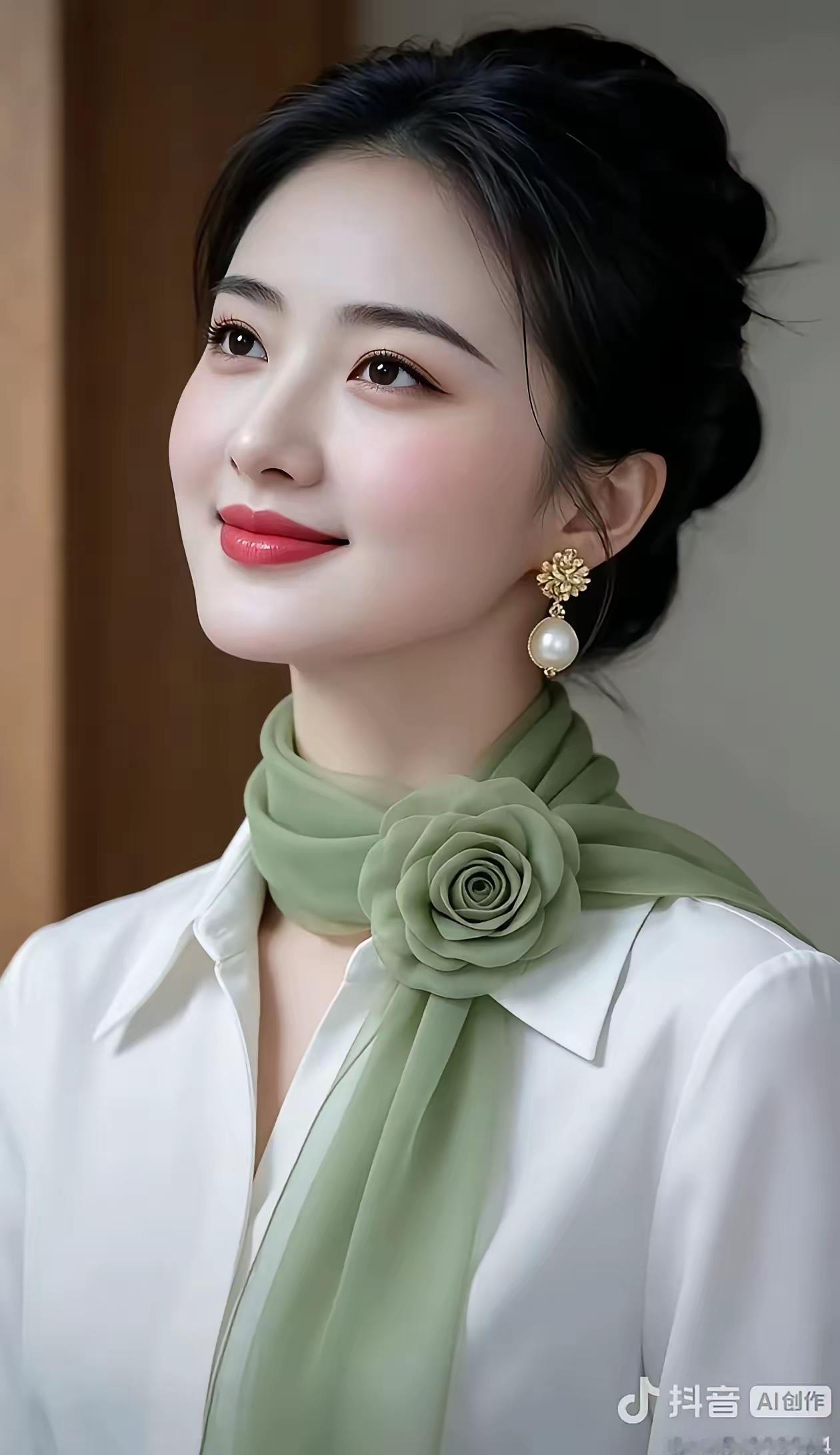 这位女士戴着珍珠耳环，穿着白衬衫，系着绿色围巾。