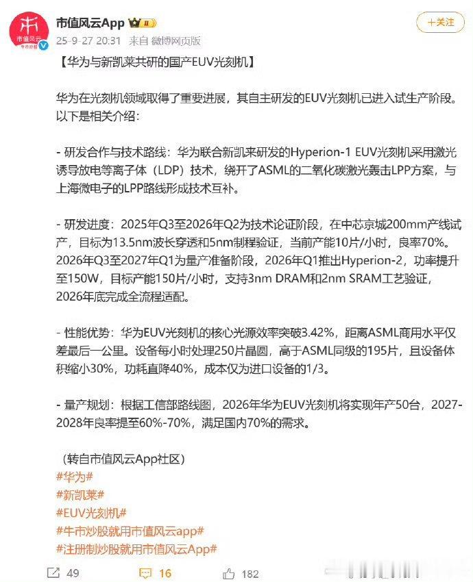【华为与新凯莱共研的国产EUV光刻机】华为在光刻机领域取得了重要进展，其自主研