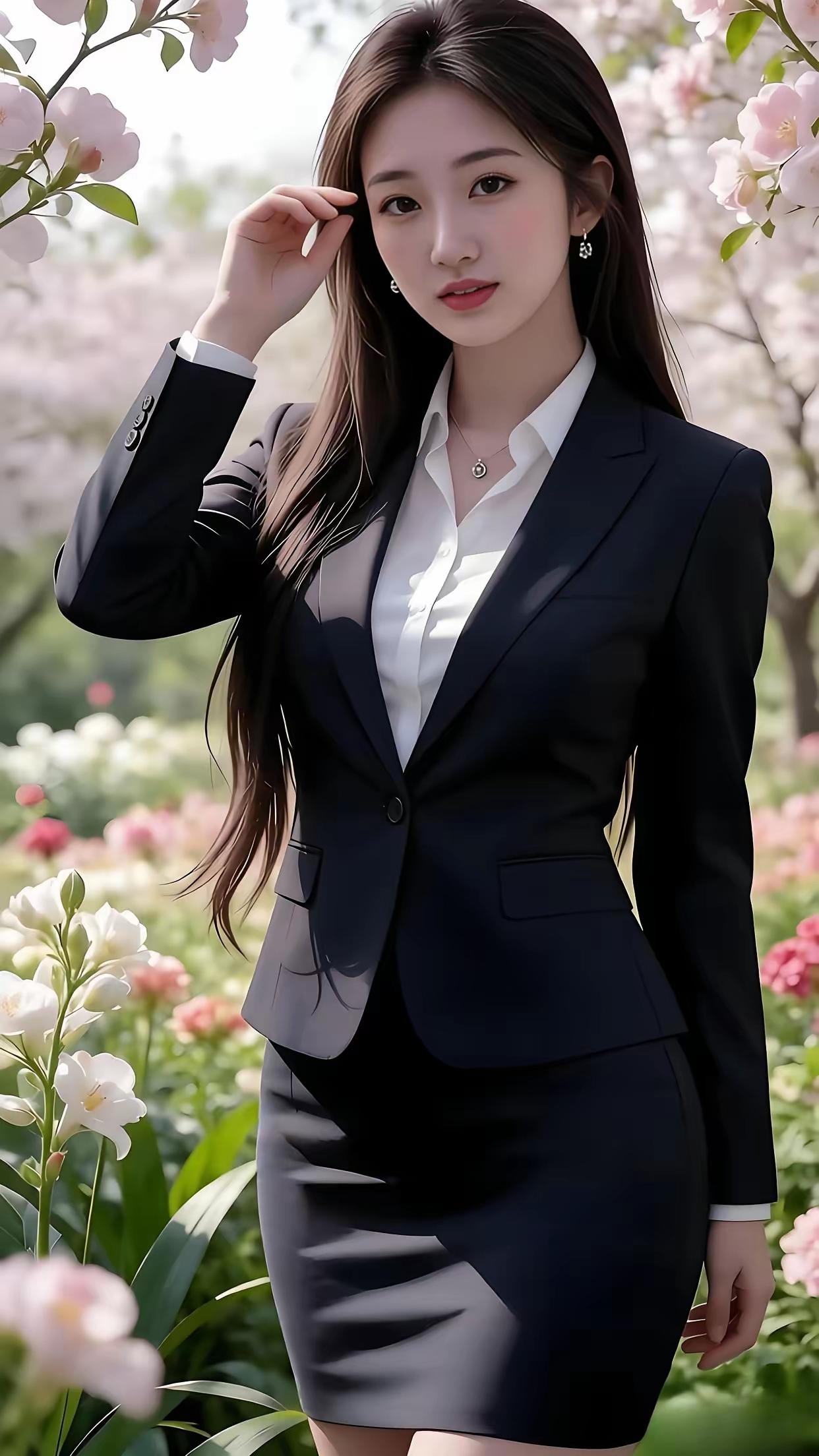 优雅职场风，粉色花海中的时尚女郎。