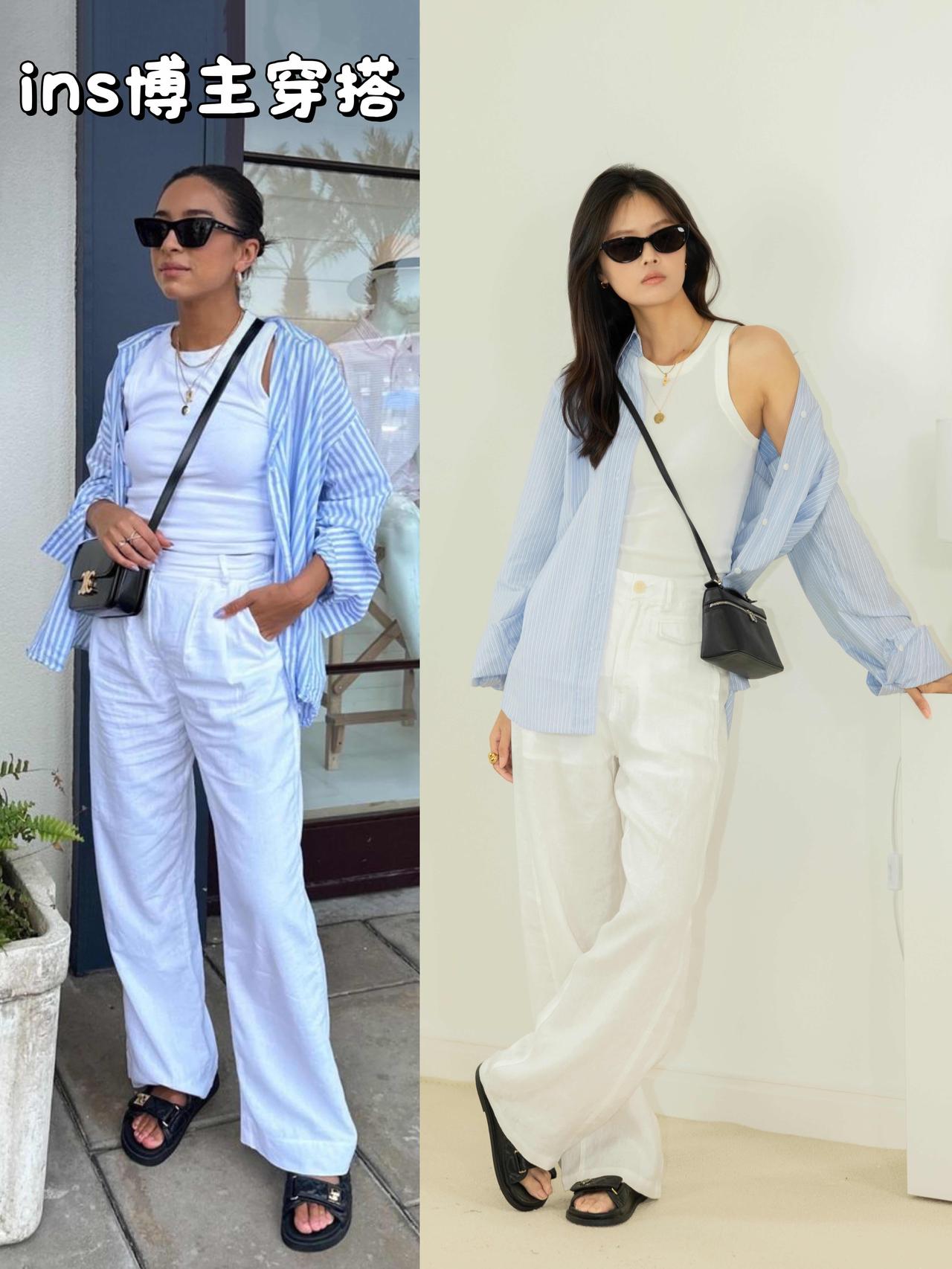 普通人模仿博主穿搭，气质太好了！干净利落的白裤子是整套穿搭的灵魂，搭配基础款