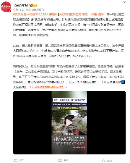 武汉癌症村需要真相不是敷衍武汉调查一村庄585人62人患癌督察组五次转办督办，