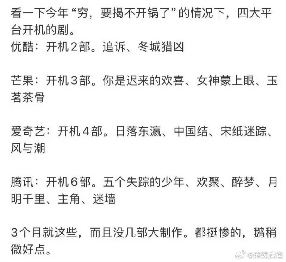 今年影视好像真的开始影视寒冬了，3月4大平台才开机了这几部剧…​​​