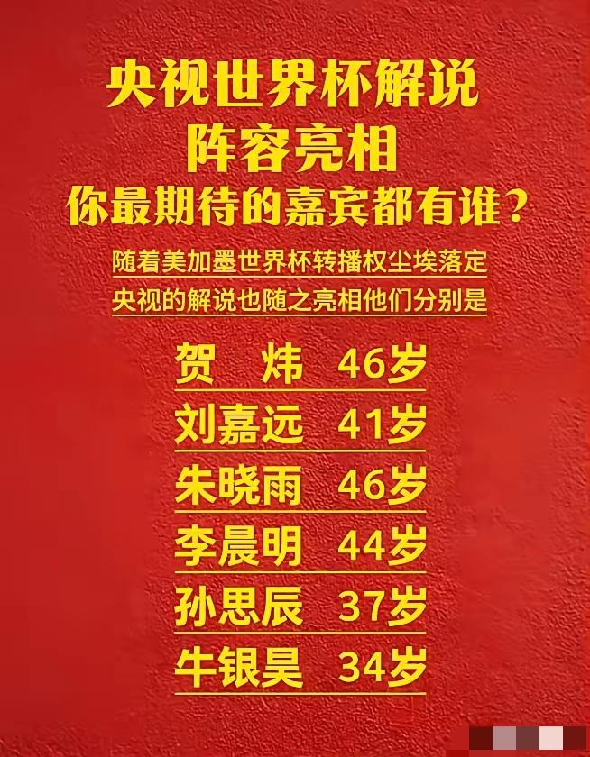 2026美加墨世界杯解说员+解说嘉宾：1、央视解说员：-贺炜(7届世界