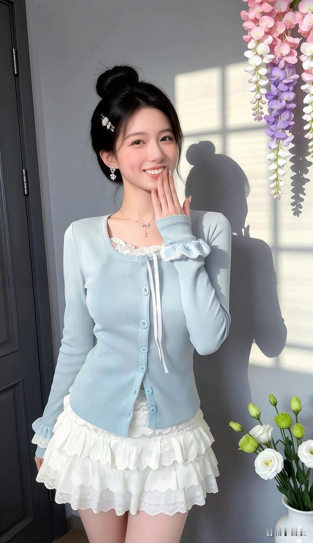 甜美少女风穿搭，浅蓝色毛衣搭配白色蕾丝裙，少女心满满！💕🌸今日分享随手拍照片