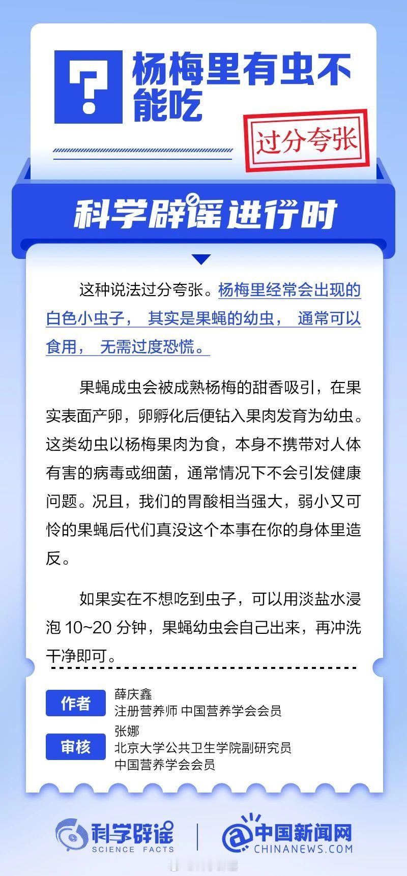 科学辟谣进行时【杨梅里有虫不能吃？过分夸张】杨梅里经常会出现的白色小虫子，其实