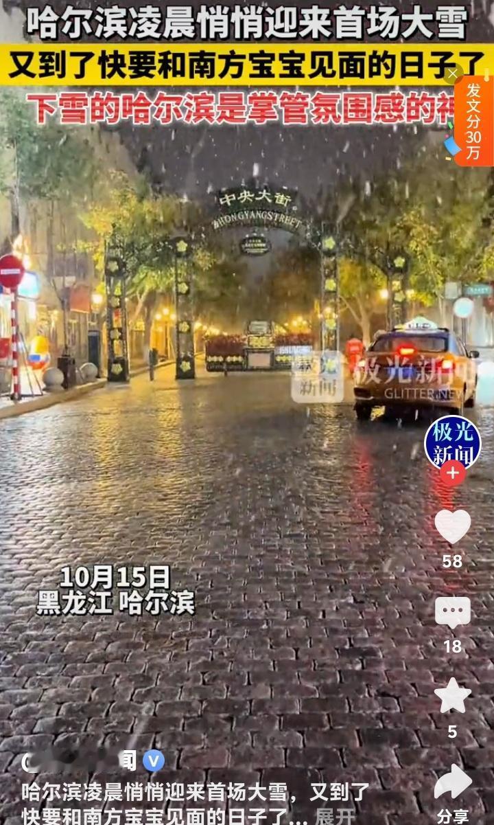哈尔滨凌晨初雪惊艳全城！南方游客已抢订机票，这波冰雪浪漫堪称年度氛围感天花板