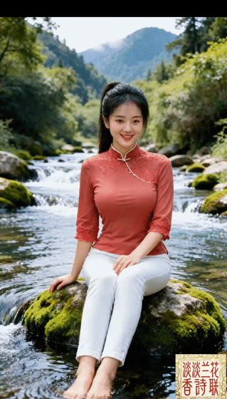美女：你坐在河边好悠闲啊！看着河水汹湧而下，你可要玩得高兴，注意安全啊！