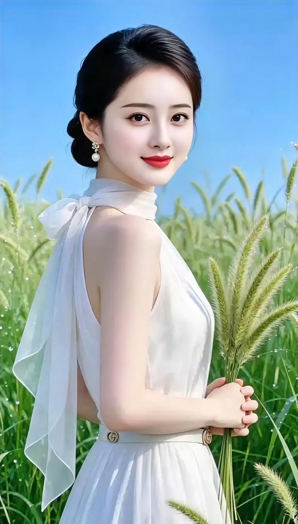 白裙系轻纱，回眸带笑霞。手捧青穗立，风软日华佳。碧空连麦浪，