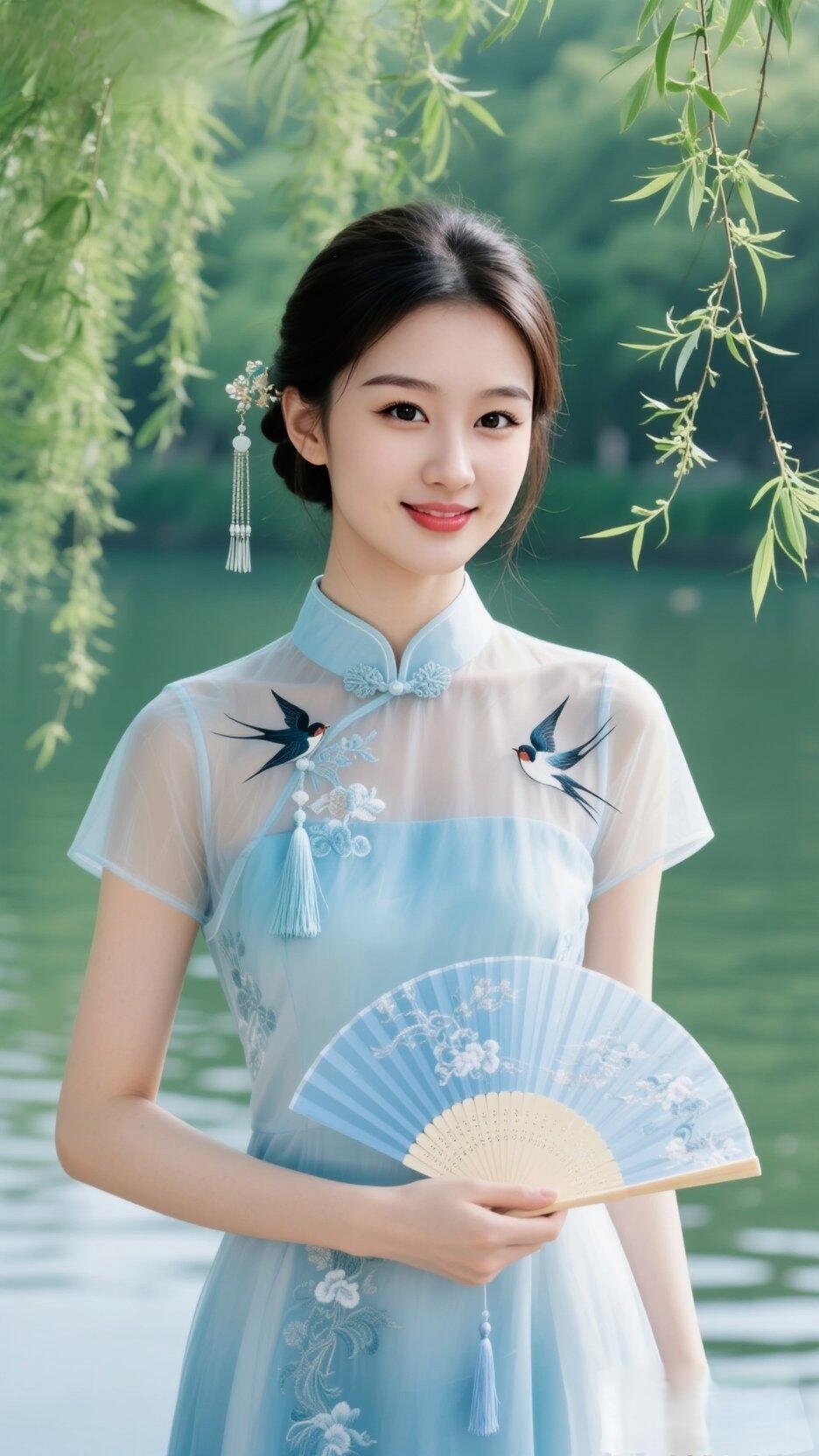 古风少女，轻纱薄衣，手持团扇，静立湖畔，宛如画中人。