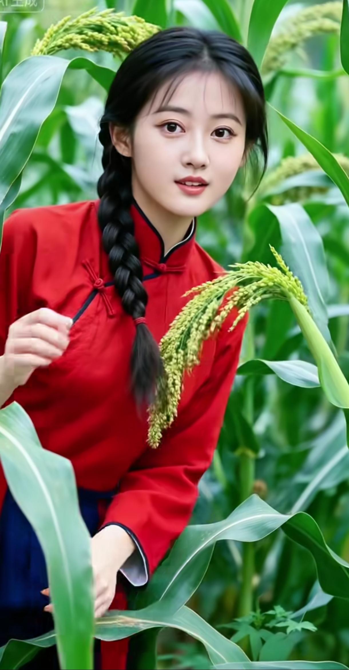 红衣少女与绿意盎然的玉米田，自然与传统完美融合。分享绝美的美女照田间红衣写真