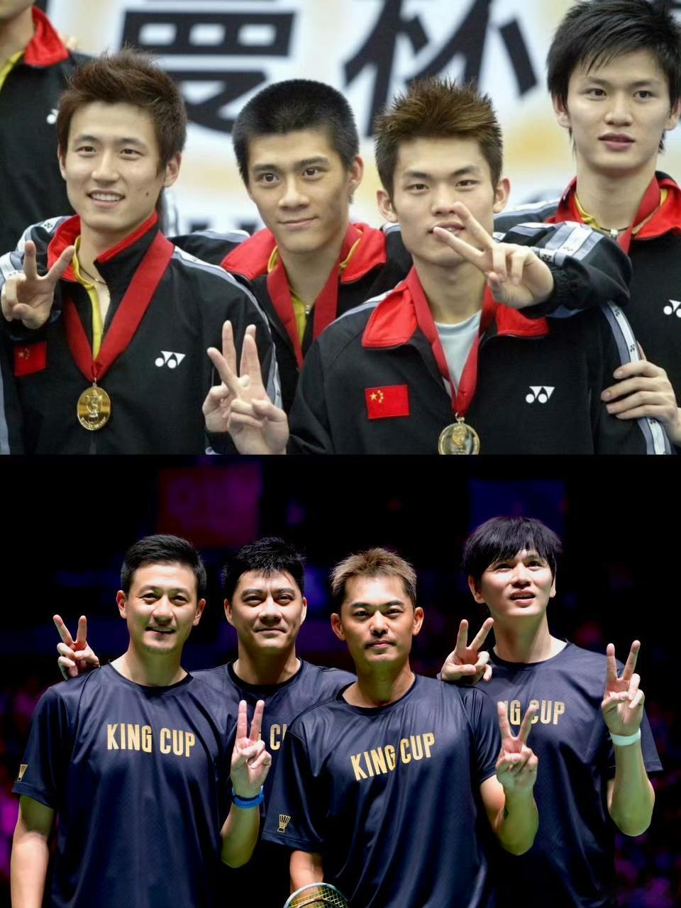 林丹：今天这气氛真像老同学聚会，一上场就想起以前天天泡在球馆的日子。鲍春来：