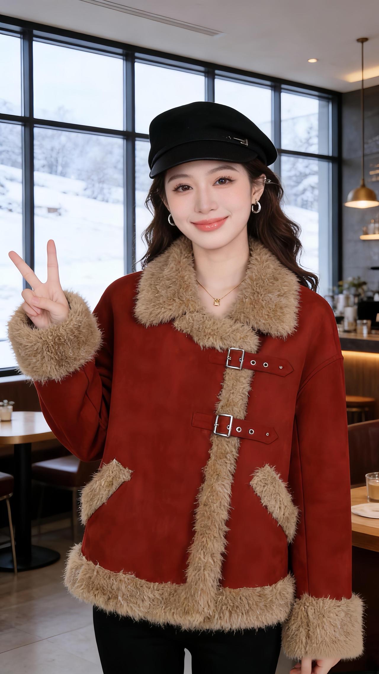 冬日穿搭指南毛绒外套+黑色贝雷帽温暖又时尚红色温暖时尚潮流穿搭