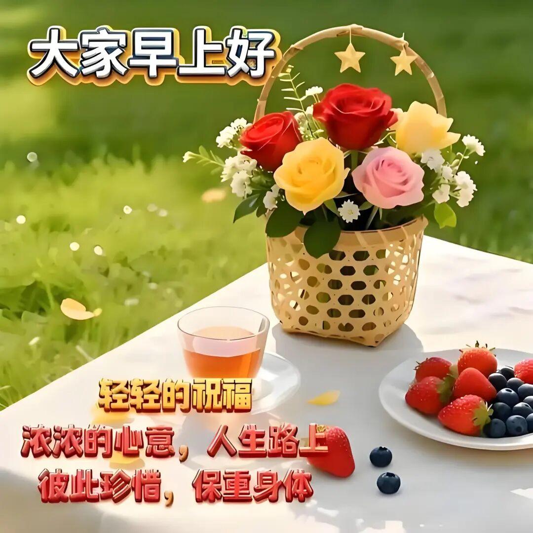🌷旭日东升映天边🕊️，美好清晨送祝愿🎐日子温馨少烦怨，健康安稳常相伴，好运