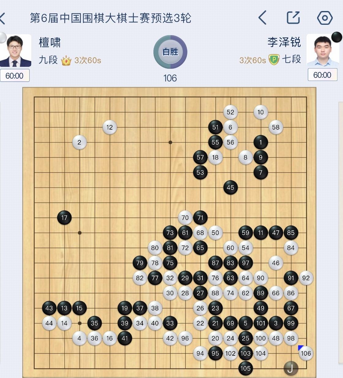 刀把五~檀啸强势屠龙过关6月3日，第六届湾区杯中国围棋大棋士赛预选赛第三轮