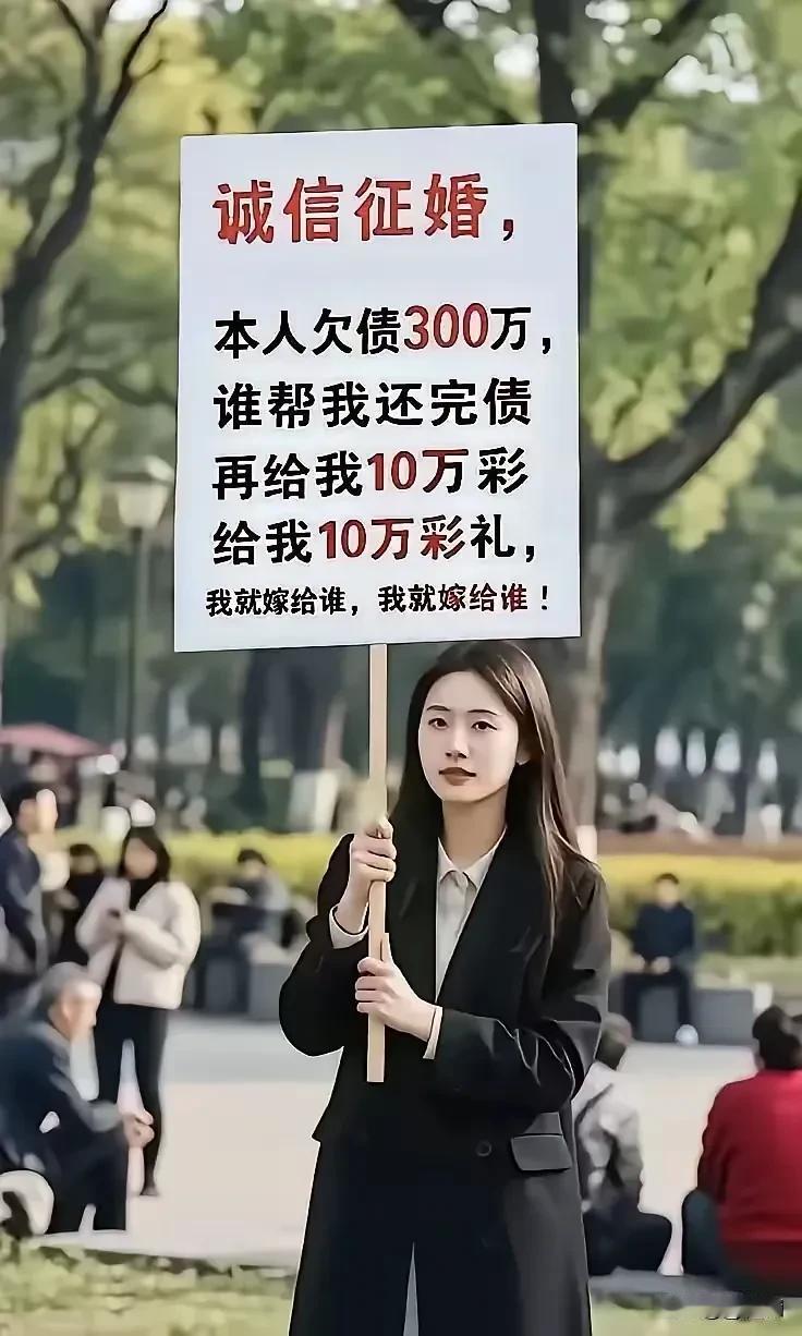 美女举牌征婚，“本人欠债300万，谁帮我还债务，再给我10万块彩礼钱，我就嫁给谁