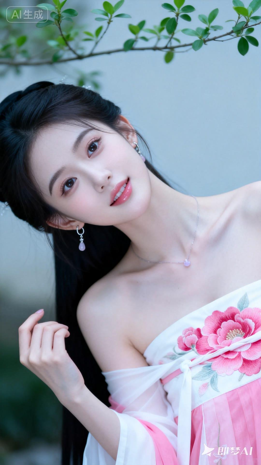 仙气飘飘的汉服少女，粉嫩花朵点缀，宛如画中仙子。