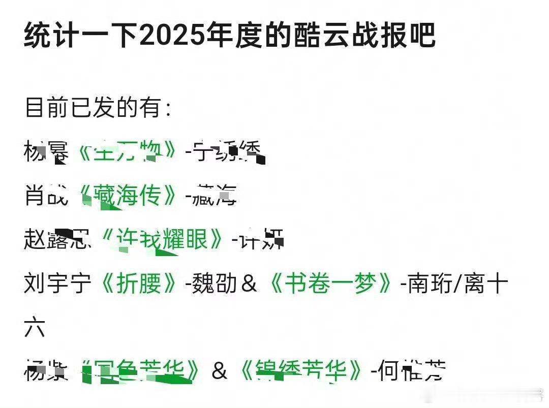 有网友统计今年酷云战报只发了五个演员而刘宇宁顶是其中之一而且他的两部剧书卷一梦和
