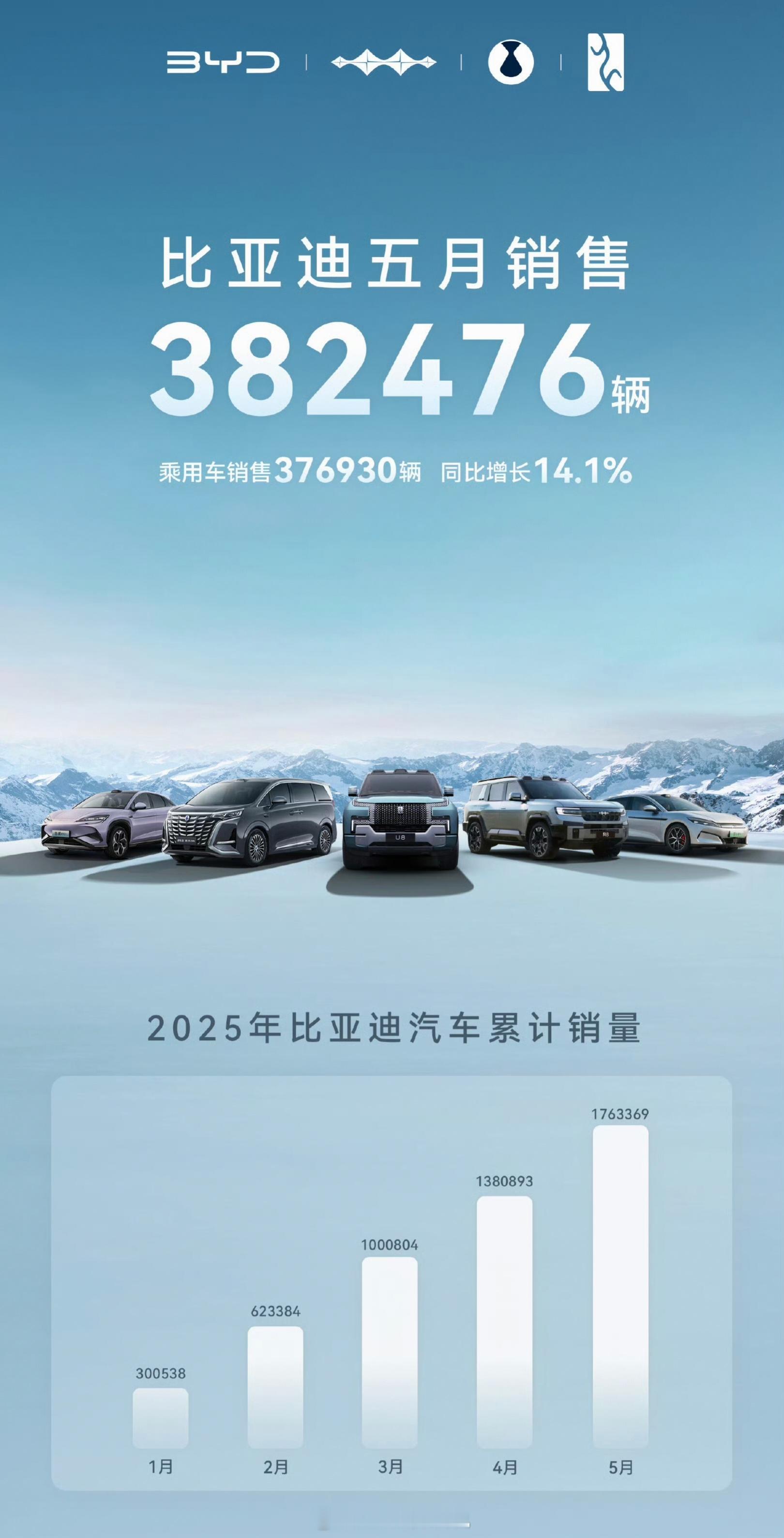 海外出口疯了，比亚迪5月销量38.25万，今年累计176万，增长38.7%亮点是
