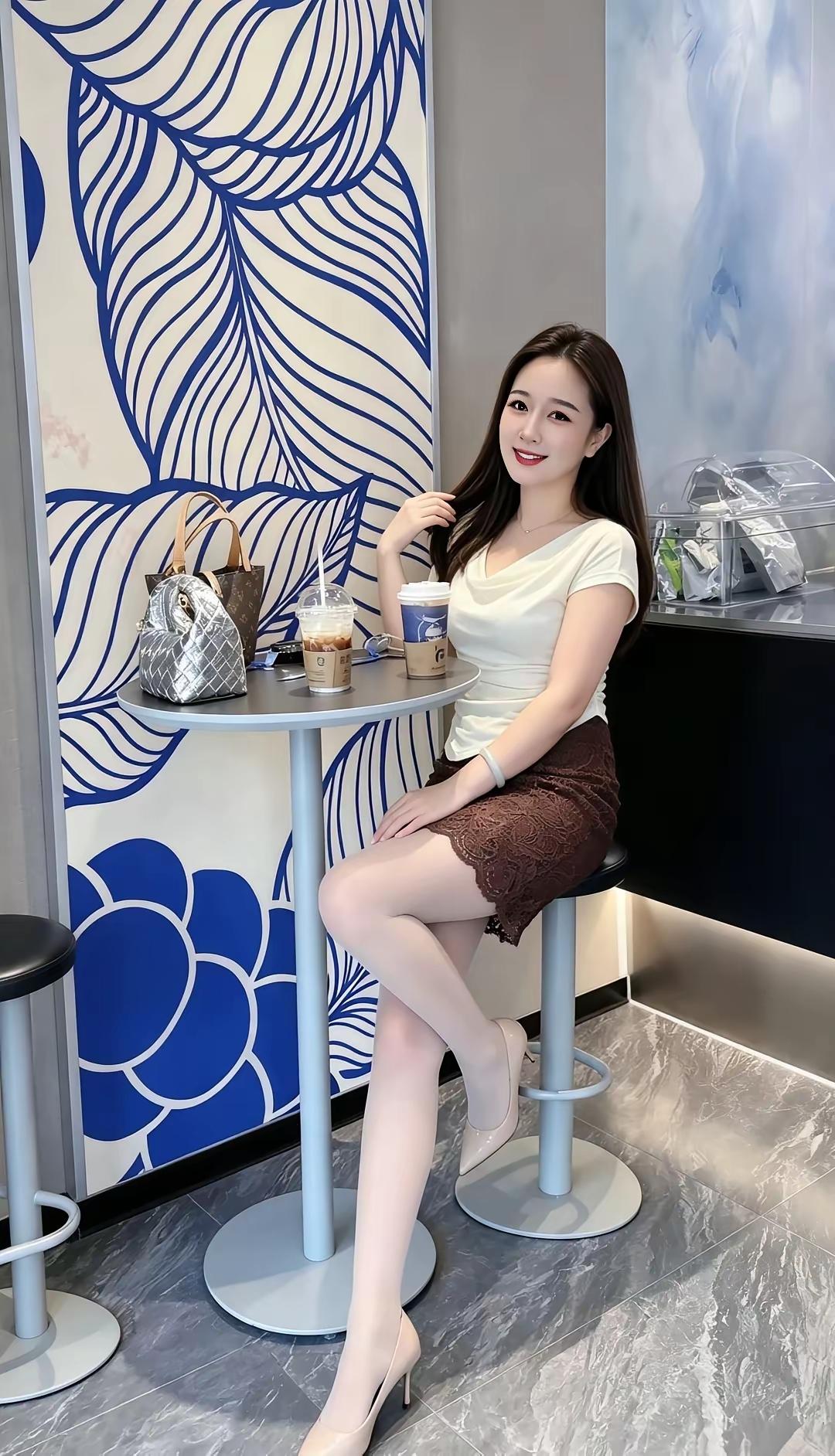 这位小姐姐在咖啡店喝咖啡呢。