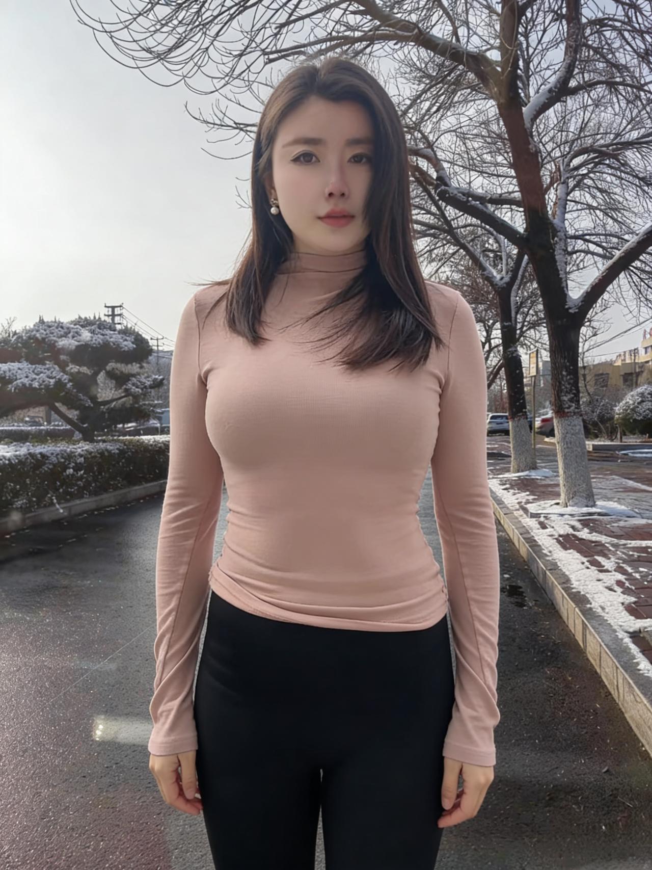 雪洗长街净似银，佳人缓步踏轻尘。裸衫不避寒风冽，一笑嫣然胜早春。