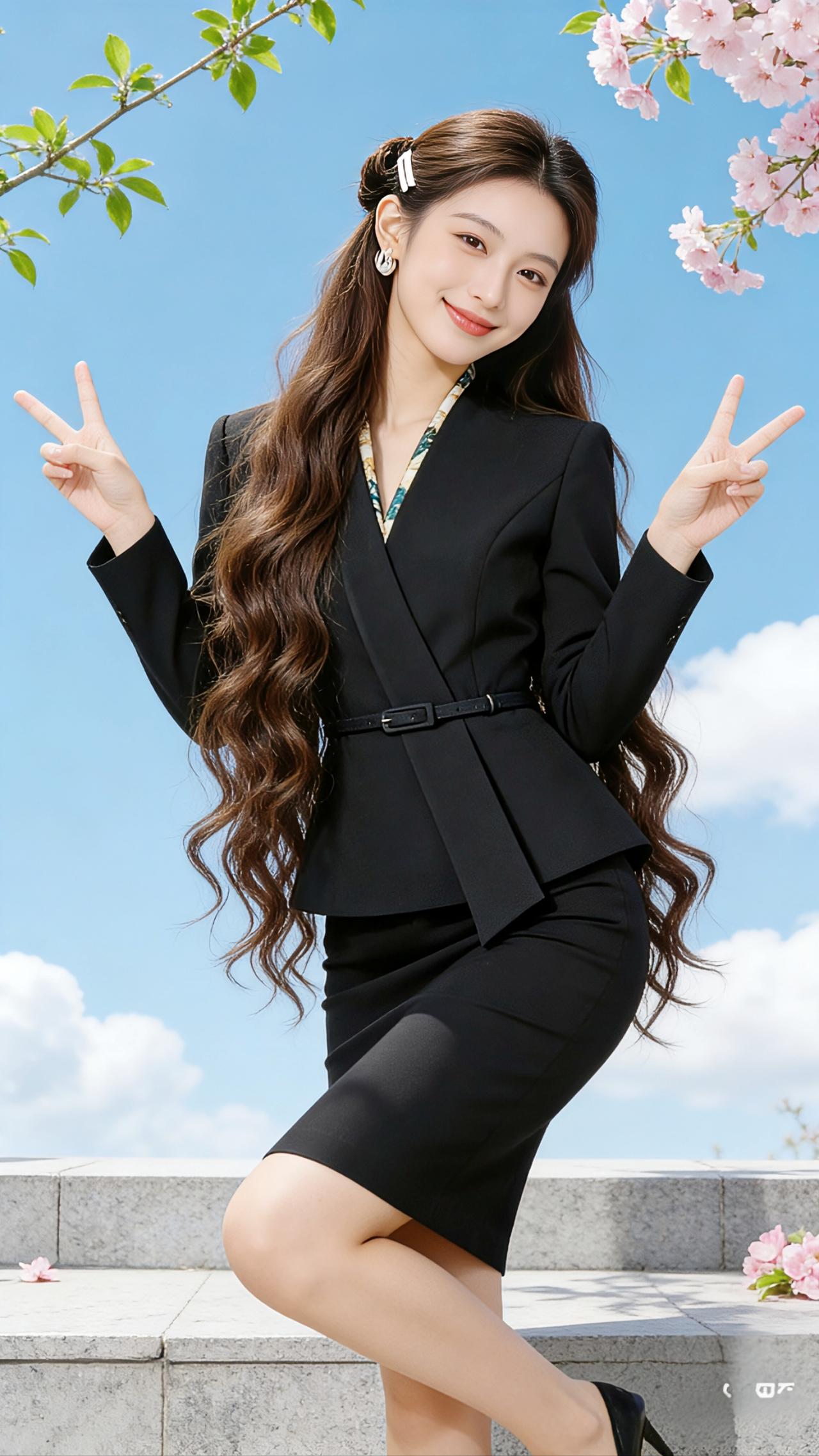 春晴里的白与黑风把云揉成软絮，漫过青蓝的天。石栏边的樱枝垂着粉雾，花瓣轻颤