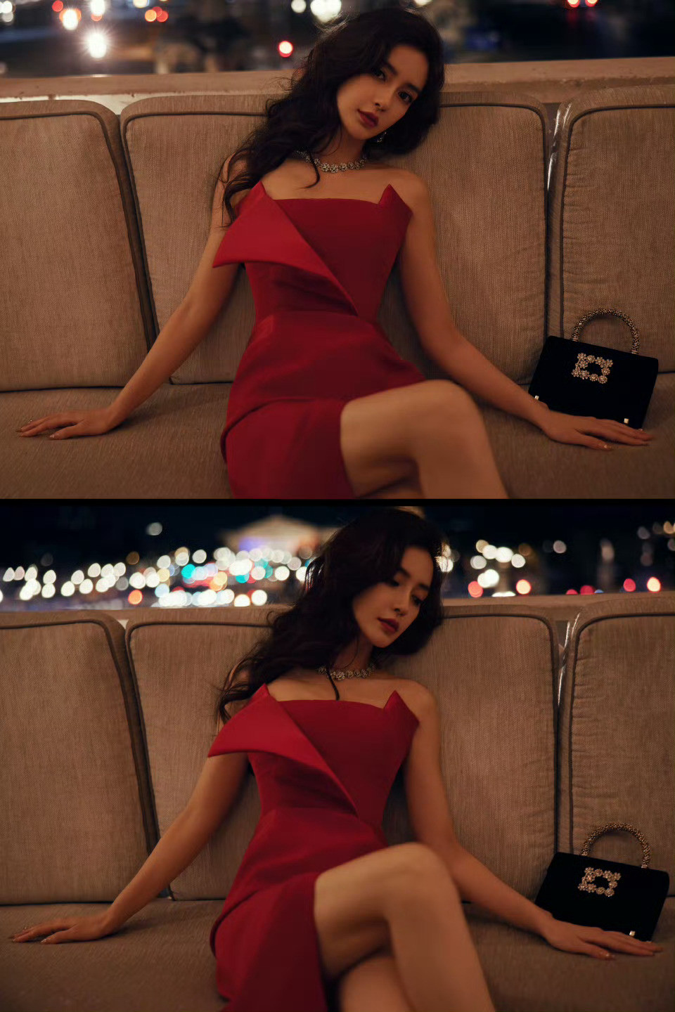 angelababy[微笑]杨颖晚风与灯火，衬尽红裙的明艳与温柔​​​