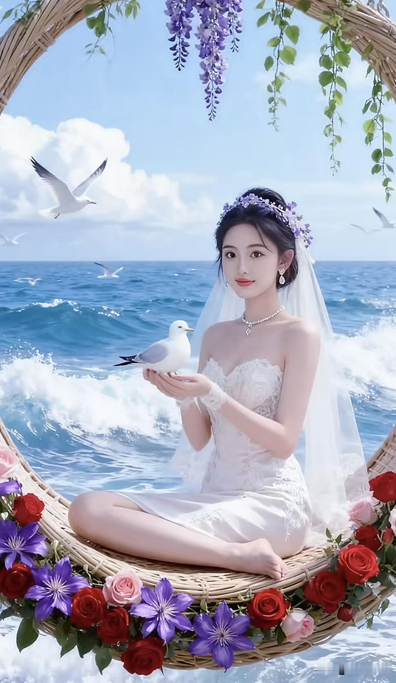 海边梦幻婚纱照，海鸥相伴，浪漫无边海边浪漫照海边婚纱美照礁石婚纱摄影海边婚