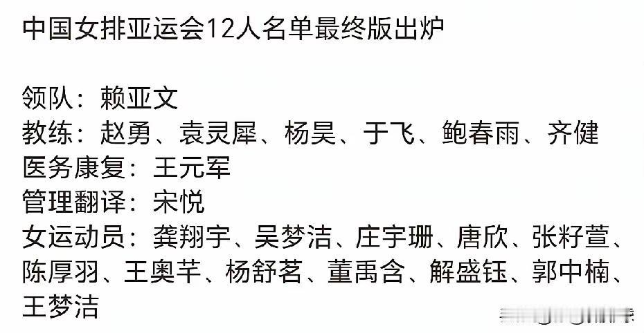 亚运会女排阵容变了，未来女排打天下基本就是这套阵容了。换下二传刁凌宇，上新人