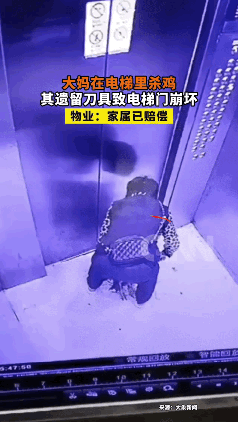 神操作！湖南永州一小区电梯里出现了惊人的一幕！一老人拿着刀具在电梯里杀鸡，杀