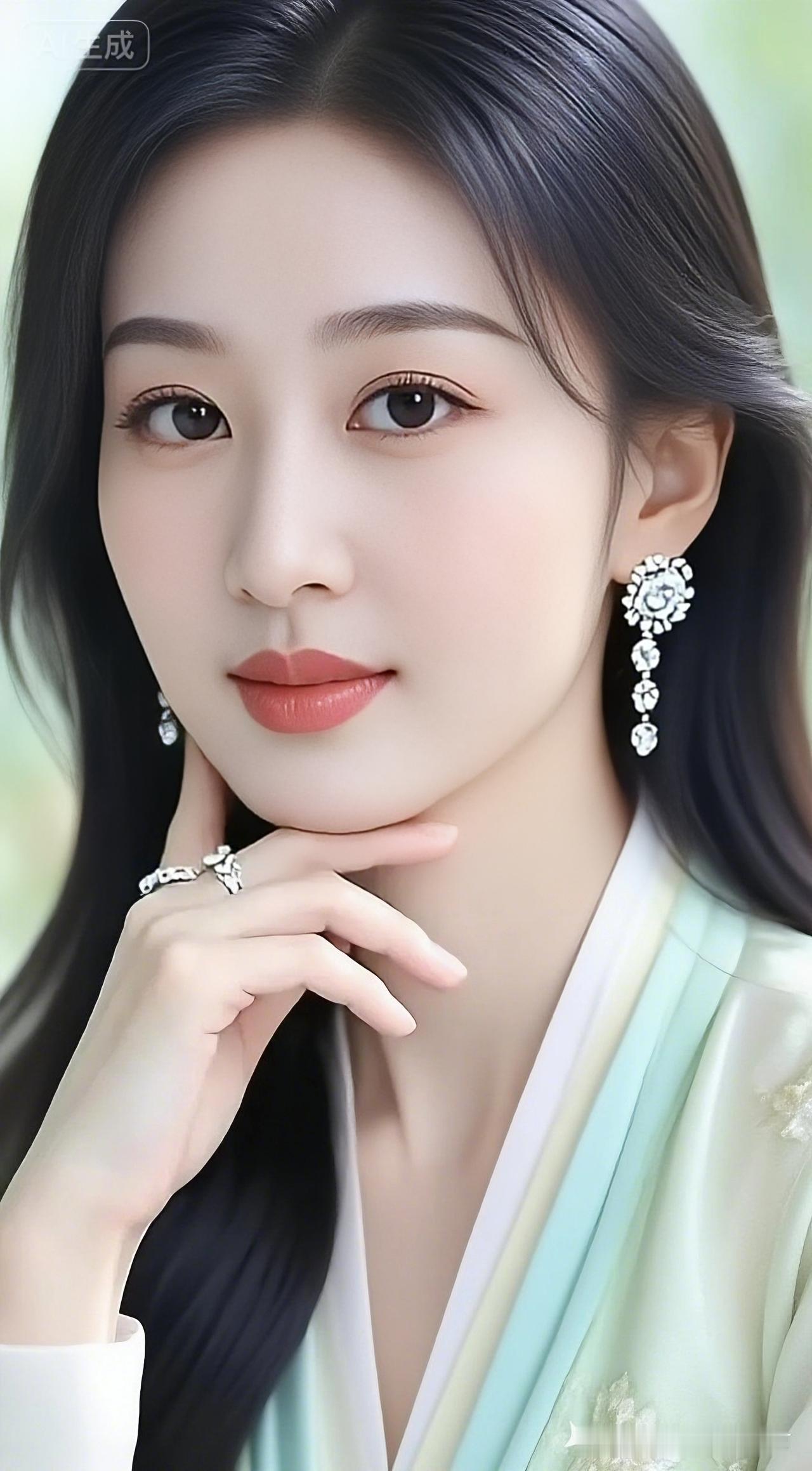 古风倩影青丝松挽韵如兰，翠袂翩翩雅态安。耳坠流光添秀色，纤手托腮静无言。