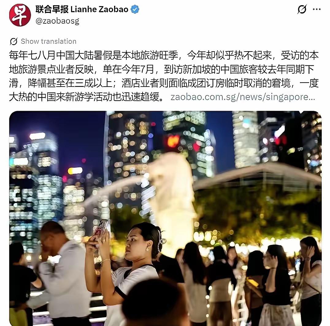 新加坡自己的报纸，昨晚登了个数据，直接把旅游圈给炸了。今年7月，前往新加坡的