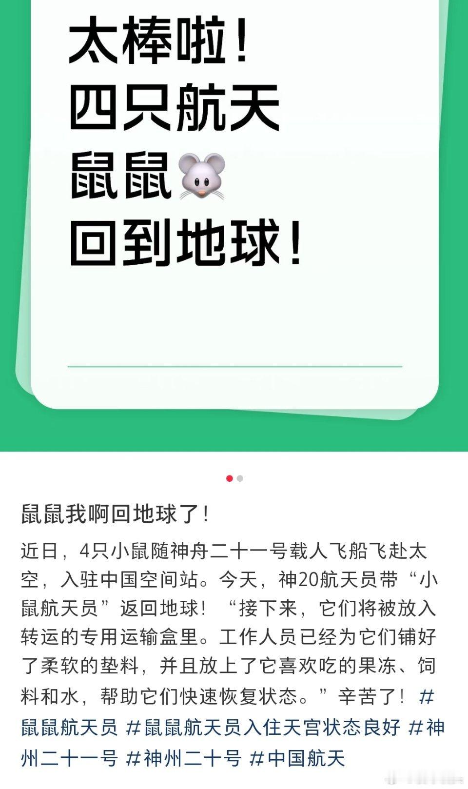 勇敢鼠鼠，不怕困难。我们的四只太空鼠平安归来，都吃上果冻了。