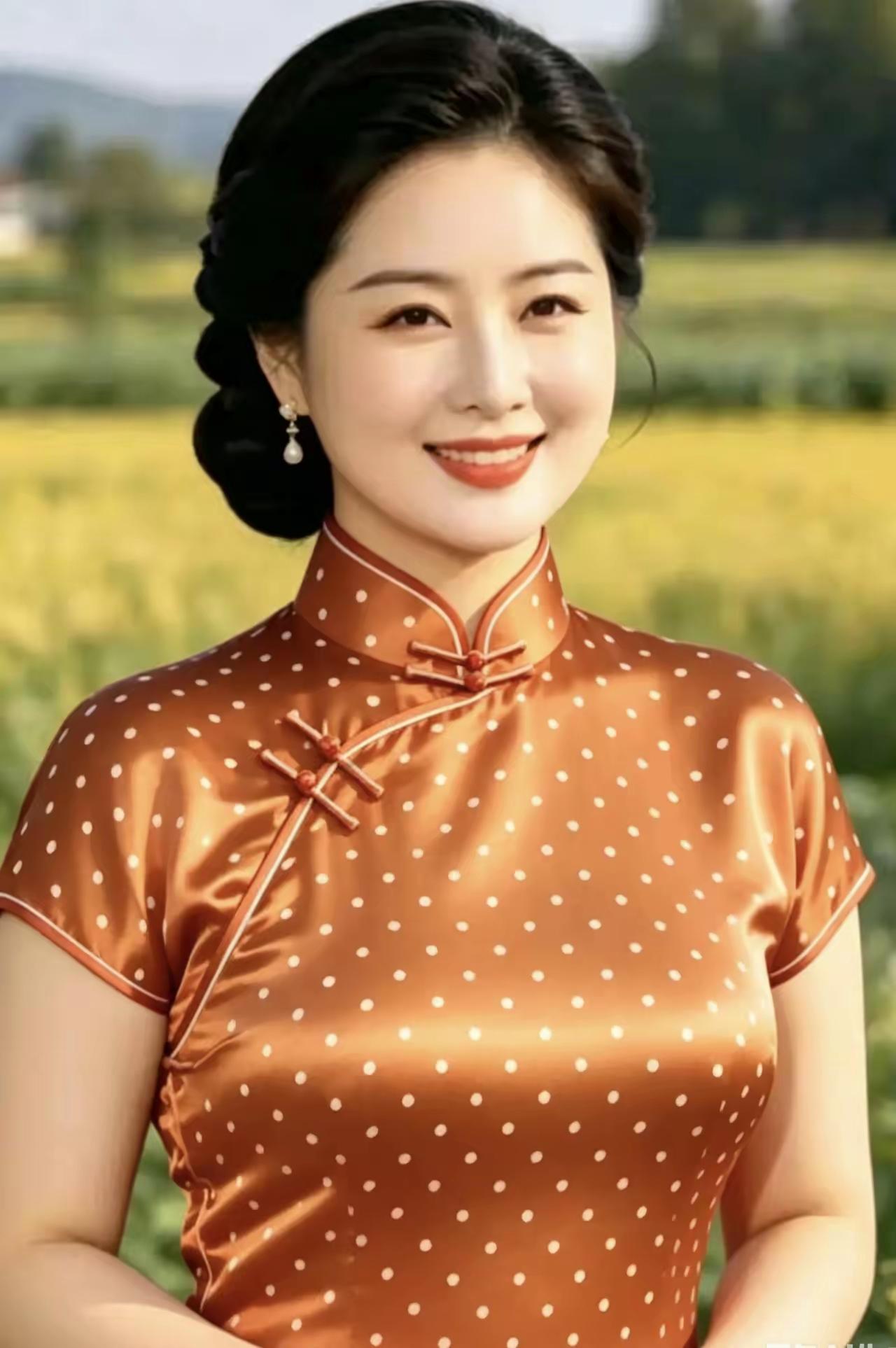穿旗袍的姑娘在田野里微笑。