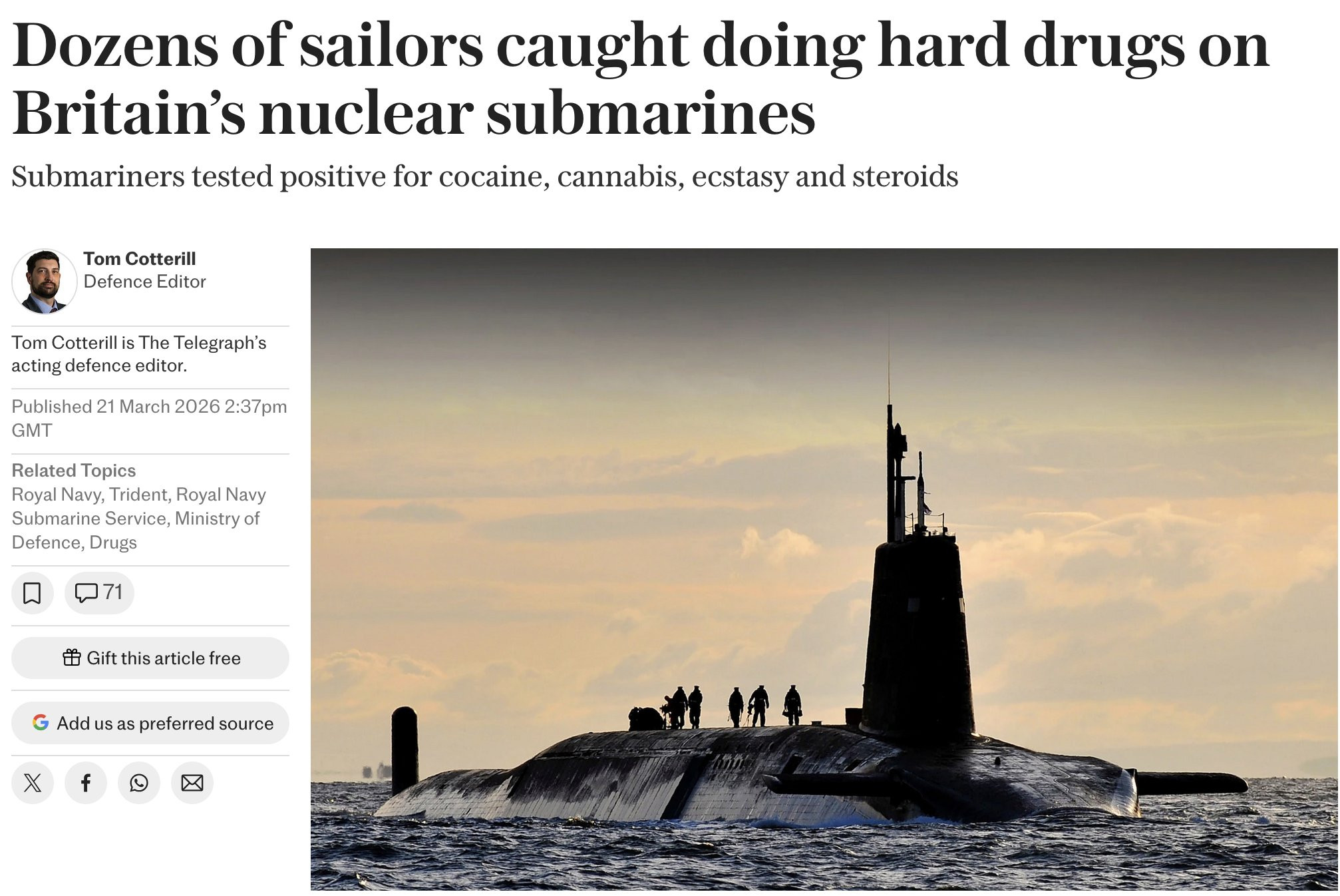 🔻《每日电讯报》：2018年至2024年间，175名英国皇家海军潜艇兵