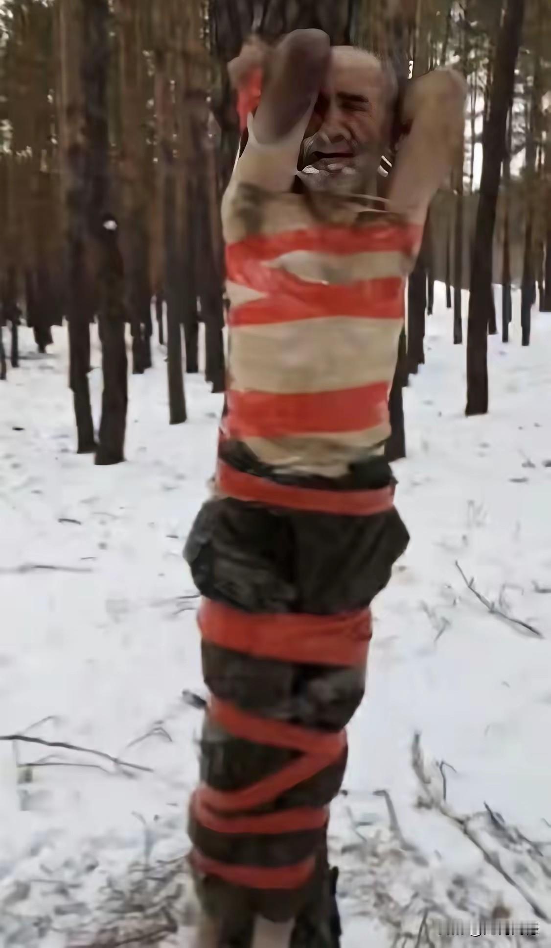 白雪皑皑，天寒地冻，把人捆绑在树上，也没有穿多少衣服，这简直就是虐杀，通过仔细观