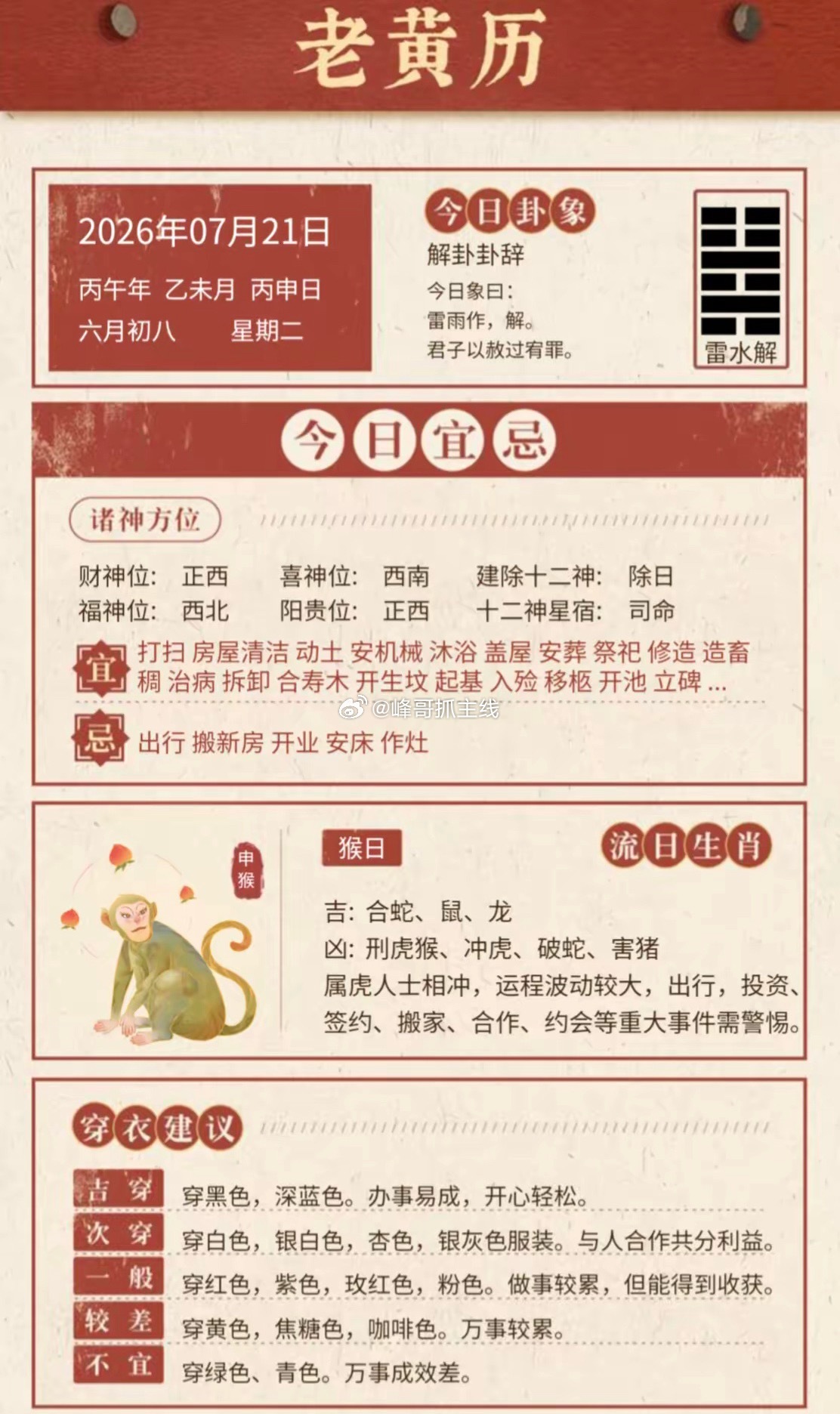 明日7月21日星期二，继续分享日常生活，猴🐒日:冲虎🐅，合蛇🐍，鼠?