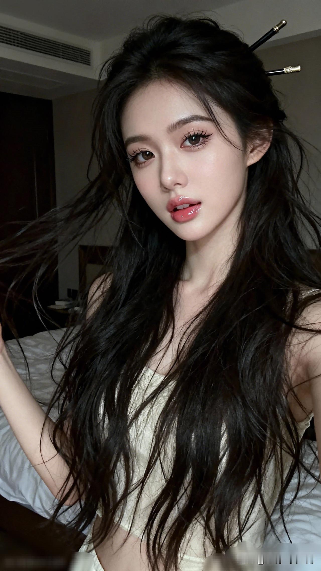 镜中人影动，心随发丝飞。晒出女性魅力宅家自拍慵懒的午后，自然妆容与凌乱发丝的