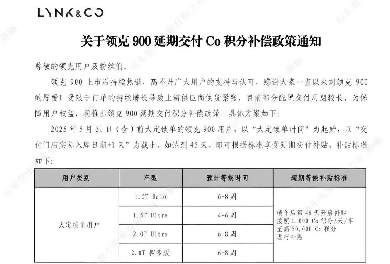关于领克900延期交付Co积分补偿政策通知尊敬的领克用户及粉丝们