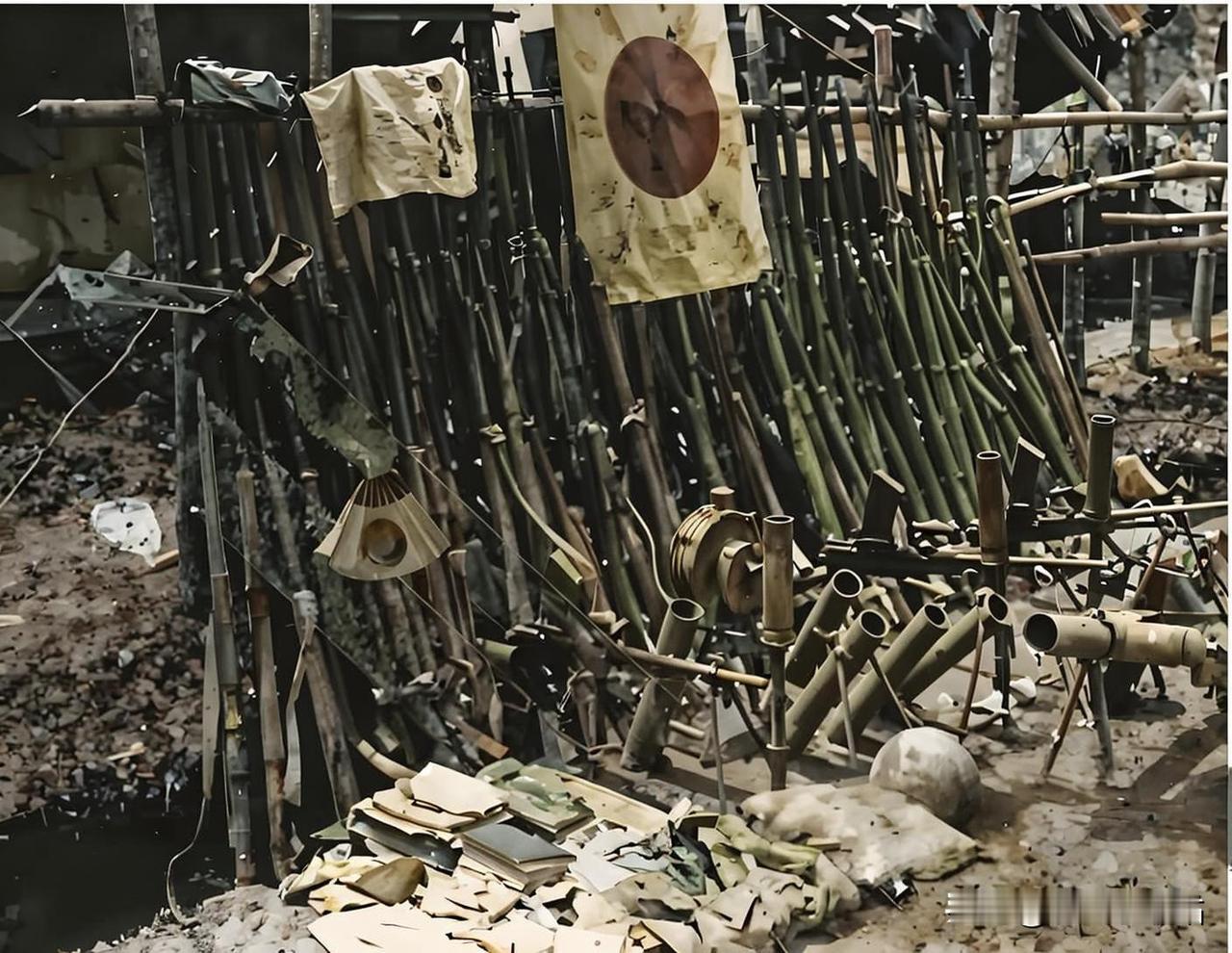 这张照片记录了1944年中国驻印军第14师在缅甸南部郊区作战期间缴获的日军军械及
