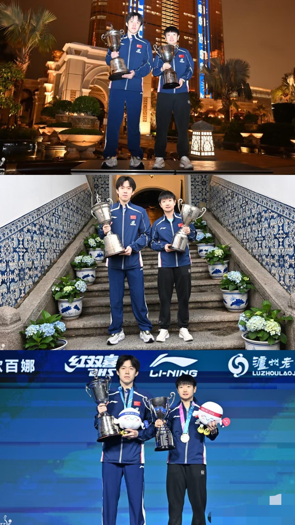 孙颖莎与王楚钦的城市宣传照来啦——莎莎笑的开心！孙颖莎王楚钦在澳门世界杯再