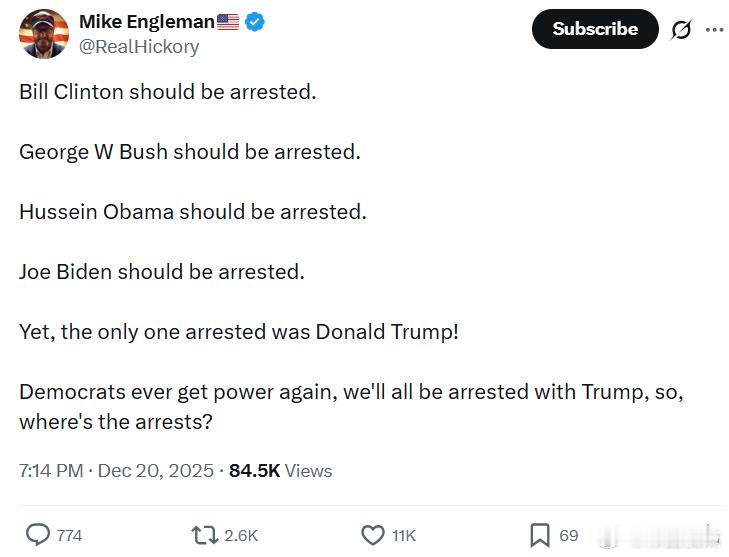 比尔·克林顿应该被逮捕。乔治·W·布什应该被逮捕。奥巴马应该被逮捕。乔·拜灯应该