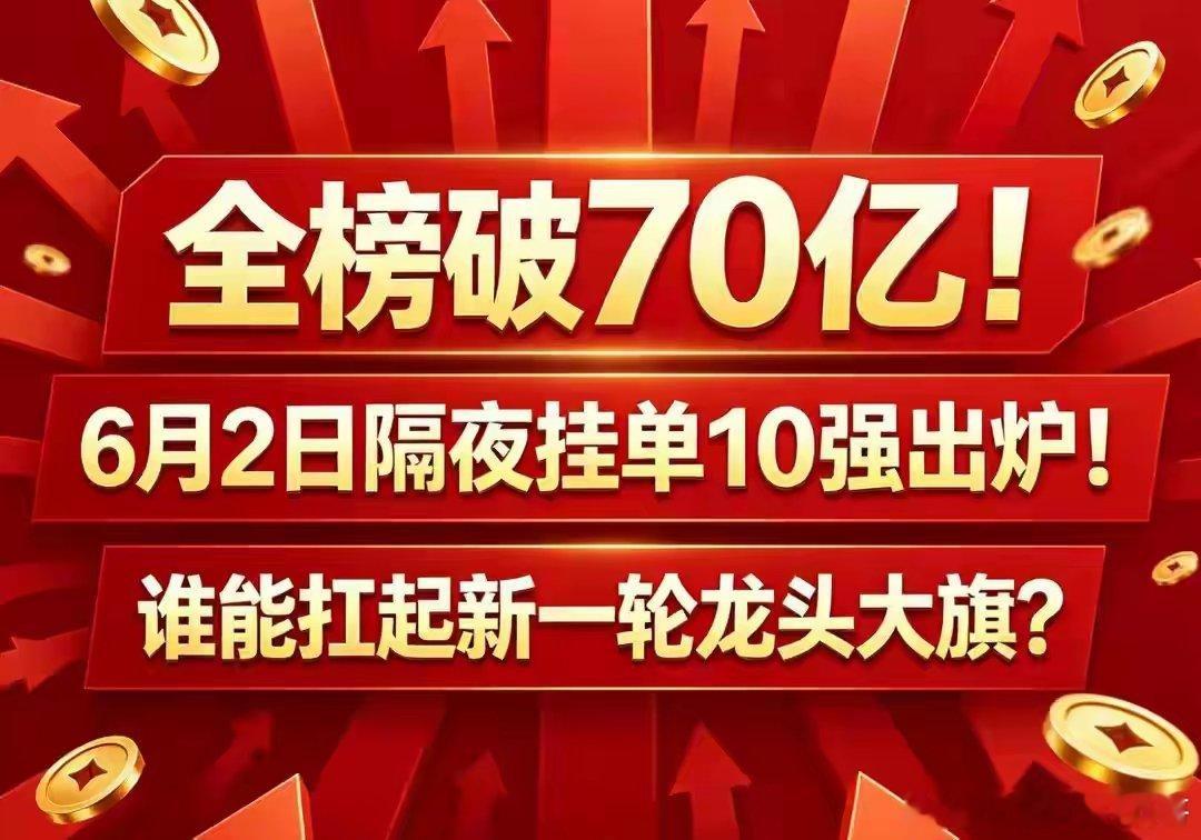 全榜破70亿！6月2日隔夜挂单10强出炉！谁能扛起新一轮龙头大旗？不少股民复盘盘