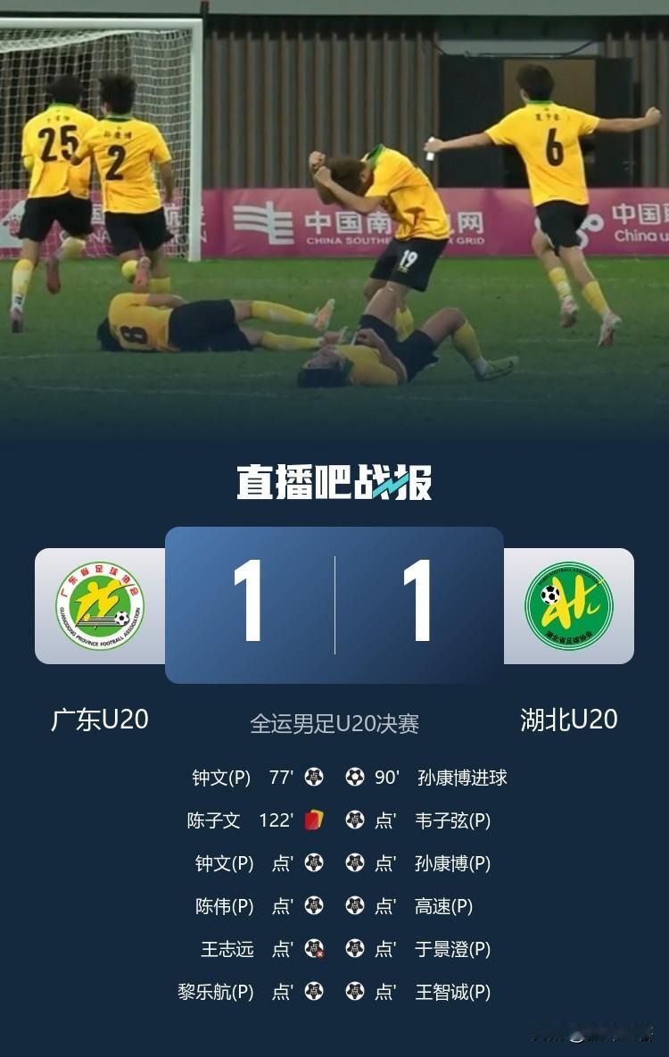 一黑到底！湖北U20击败广东队拿到全运会冠军。虽然这场比赛广东队占据绝对优势，