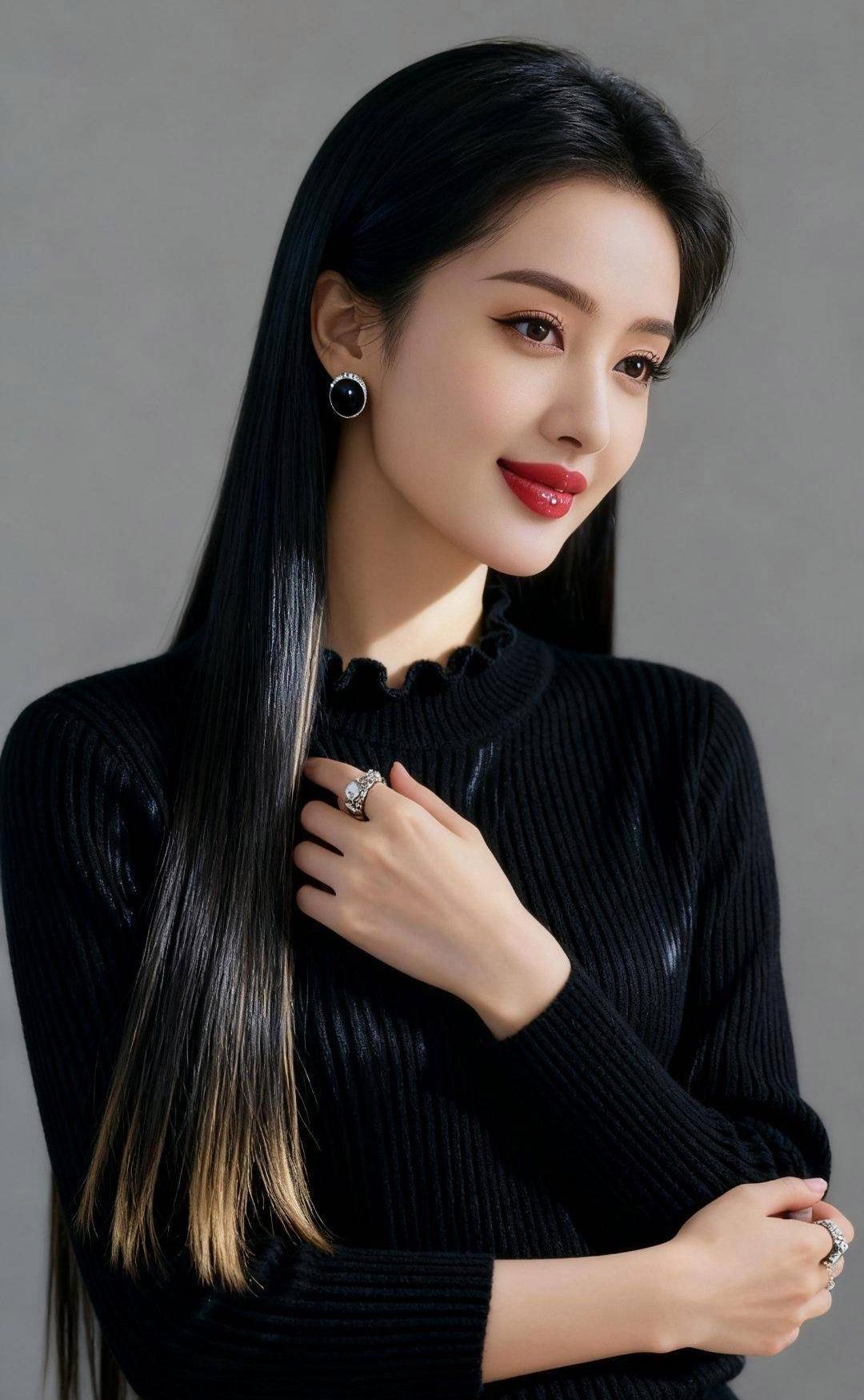 暗香流光灰墙静默，光影轻斜，你着一袭黑，如夜色温润。长发垂落，几缕金