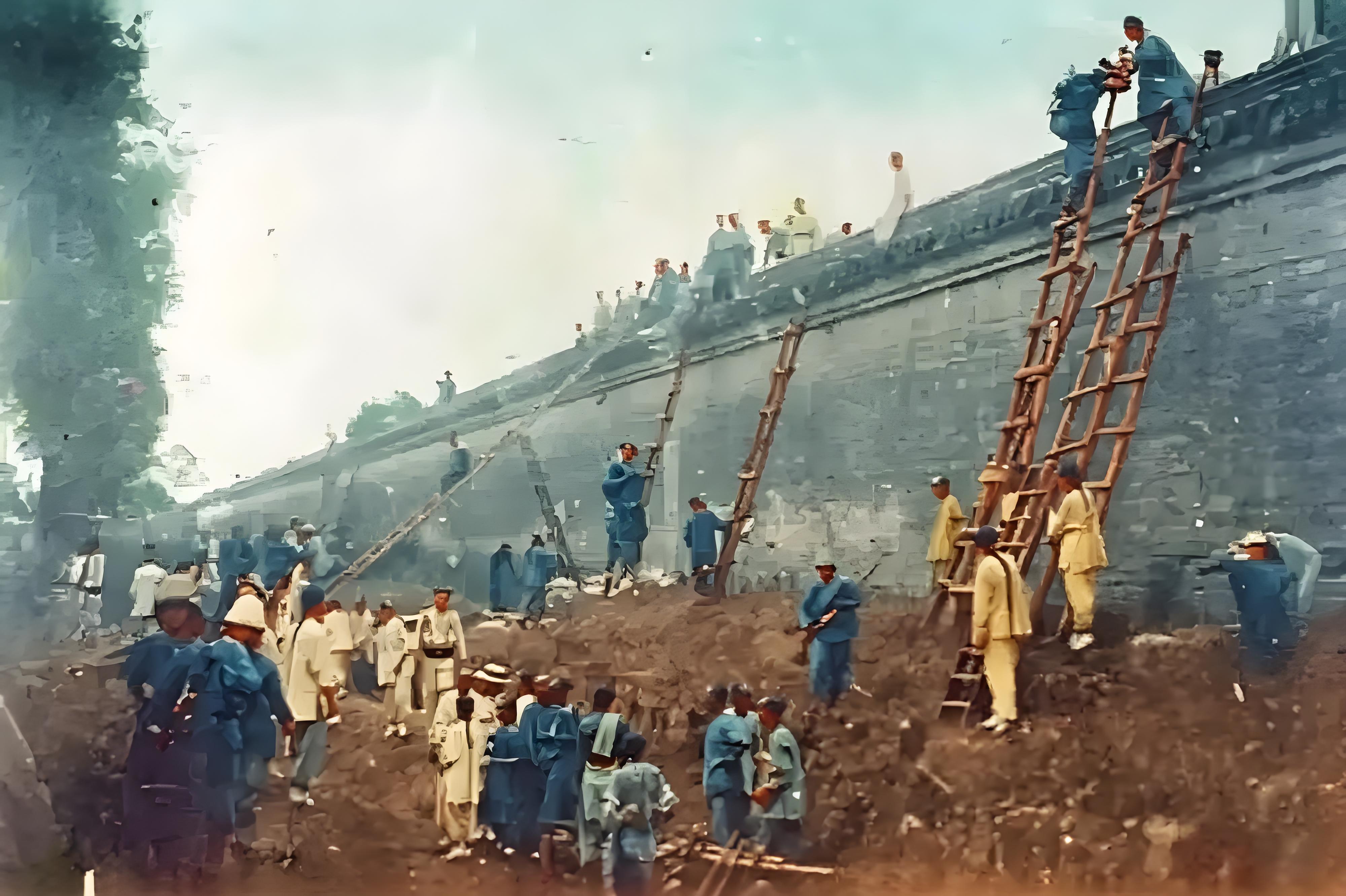 1900年，八国联军侵入北京。照片记录了法军翻越皇城墙的场景。我们清楚地看到，百