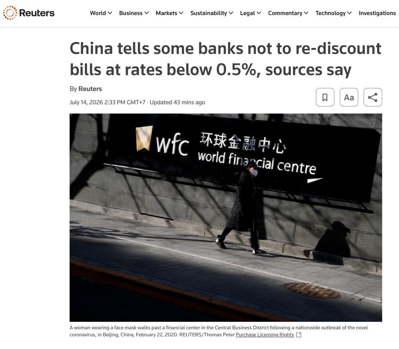 路透社报道，知情人士透露，中国监管部门已向部分银行发出指导意见，要求开展票据再贴