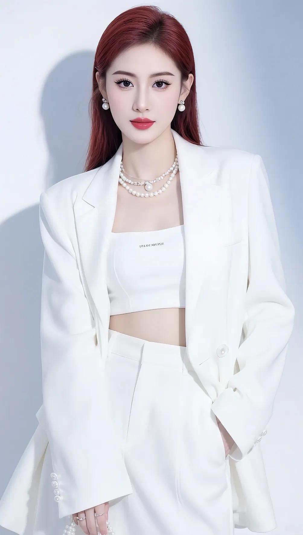 优雅红发女郎，白色西装穿搭，珍珠项链点缀，时尚又迷人！